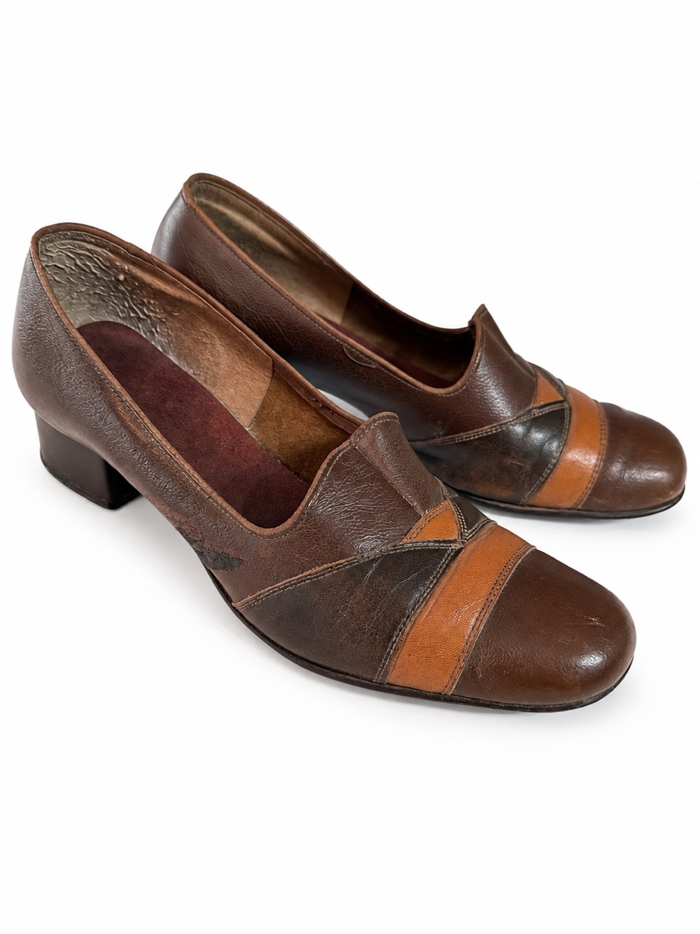 70s vintage patch leather low heel loafers-orange, brown, dark brown. Sz 8